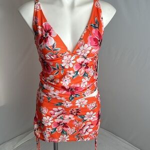 Simply Fit Orange Pop Floral multicolor print tankini and skirted bottom